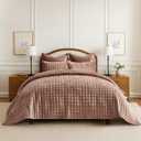 RECYCO Luxury Velvet Quilt Queen Size Bedding Set, Ultra Soft Velvet Comforter Set, Lightweight Quilted Channel Box Stitch Oversized Bedspread Coverlet for All Season, with 2 Shams, Terracotta Clay