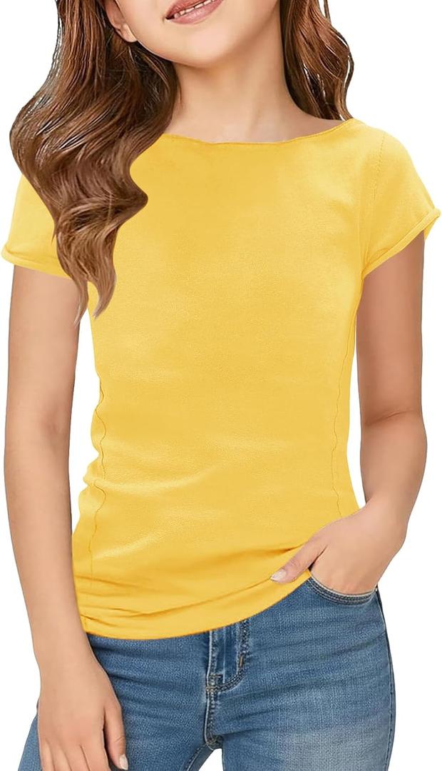 Floral Find Girls Raw Cut Cap Sleeve Tee Summer Boat Neck Lightweight Tops Cute Basic T-Shirts, Ginger Yellow, (XXL)