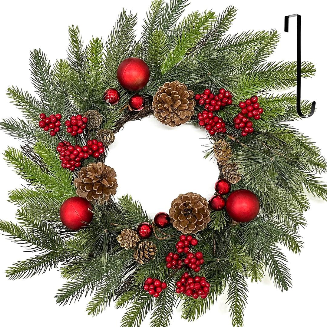 22 Inch Christmas Wreaths for Front Door with Hanger Red Ball Ornaments Berries Pine Cones Xmas Winter Wreath for Home Wall Window Porch Thanksgiving Holiday Indoor Outdoor Decor