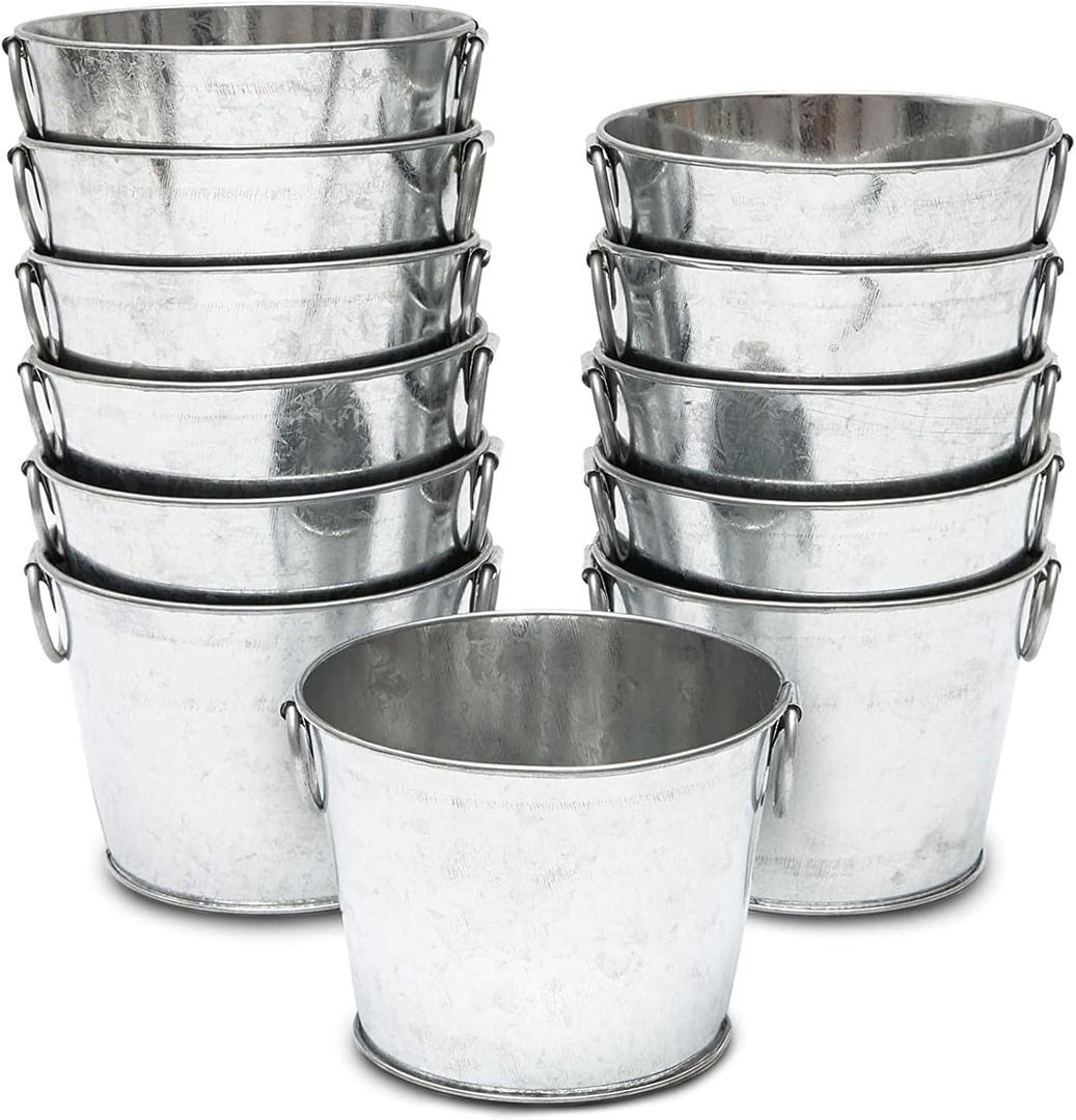 Mini Galvanized Buckets with Handles (4.5 x 3.5 in, 12 Pack)