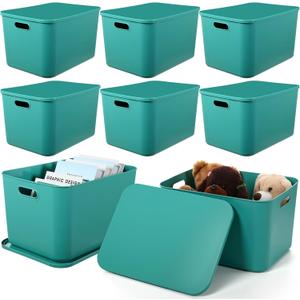 Hoolerry 8 Pieces Colorful Storage Bins with Lid, Plastic Storage Basket Organizing Container Stackable Box with Handle for Shelves Desktop Playroom Office(16.1 x 12.0 x 9.7 Inch,Green)