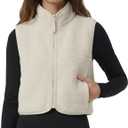Cropped Fleece Vest Women Zip Up Stand Collar Warm Sherpa Vest Fall Cute Sleeveless Fleece Waistcoat with Pocket (Large, Beige)