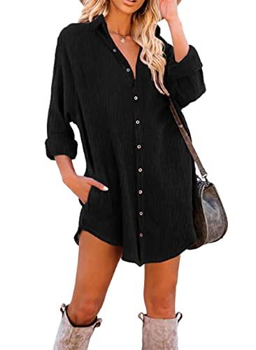 Dokotoo Women's Corduroy Dresses for Women 2023 Fashion Casual V Neck Long Sleeve Button Down Tunic Dress Trendy Collared Shirts with Pockets Black Small M