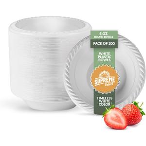 200 Pack White Plastic Disposable Bowls – 5 oz BPA-Free Microwaveable Bowls with Rim for Soup, Salad, Dessert – Sturdy Disposable Plastic Bowls for Parties, Weddings, Kitchen Use
