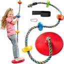 Jungle Gym Kingdom Tree Swing for Kids - Single Disc Seat and Rainbow Climbing Rope Set w/Carabiner and 4 Foot Strap - Treehouse and Outdoor Playground Accessories - Red