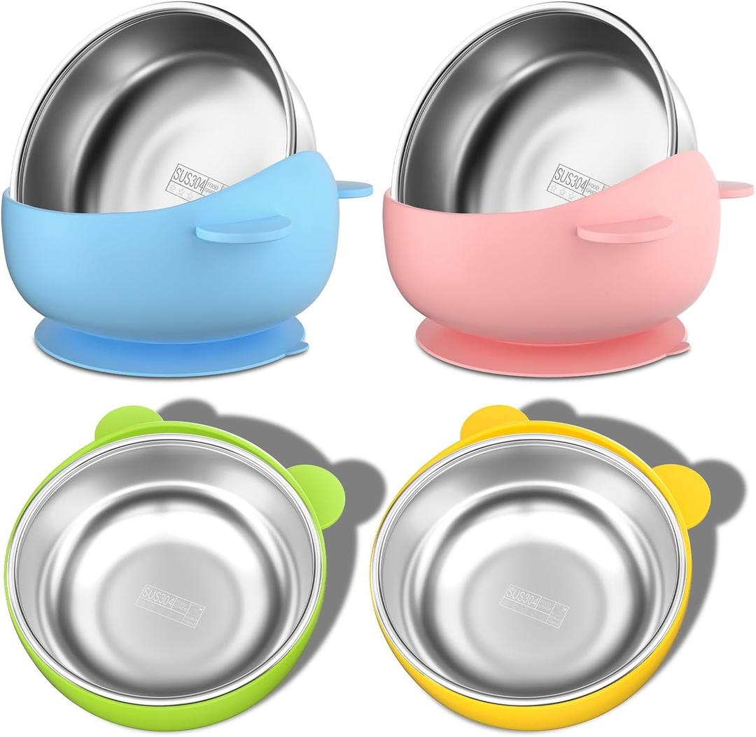 Bakpoco Stainless Steel Baby Bowls with Suction, 2-in-1 SUS304 Toddlers Bowl & Removable Silicone Suction Kids Bowl, Anti-Scald Non-Toxic Snack Container for Baby Food Feeding, 4 Colors Set