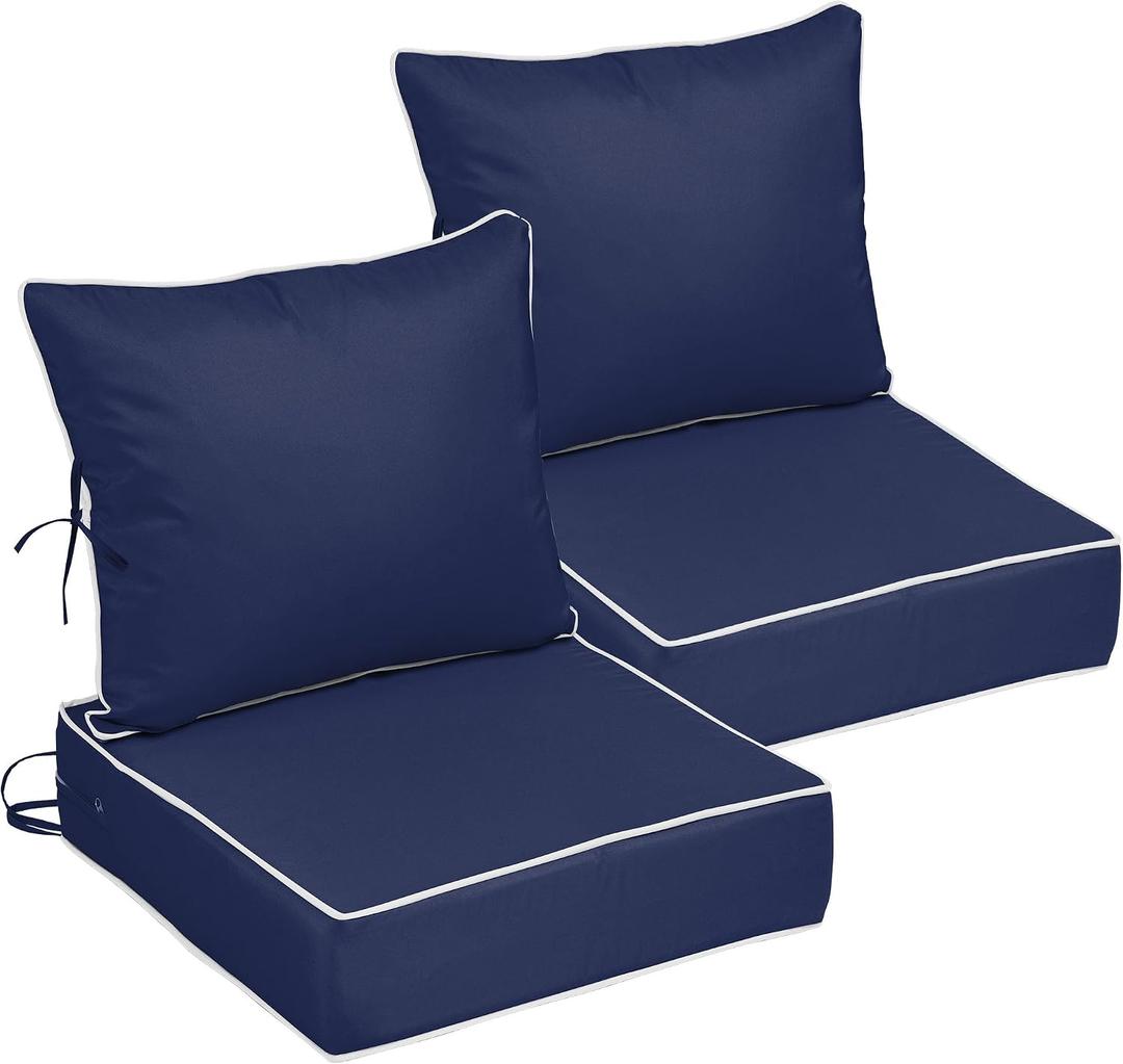 22x22 Outdoor Chair Cushions Set of 2, Waterproof Deep Seat Cushions for Patio Furniture with Removable Cover,Fade Resistant 4'' Outdoor Seat Cushion w/ Ties&Handle for Sofa Loveseat, Navy+White Pipes
