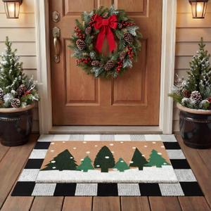 Tinideya 2 Pcs Christmas Door Mat Snowy Trees Green Forest Non Slip Xmas Winter Floor Doormat Buffalo Plaid Checked Mat for Front Porch Entryway