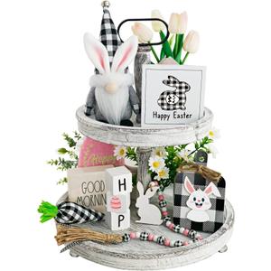 8pcs Spring [Easter] Bunny Gnome Tiered Tray Decorations, Buffalo Plaid, Plush, Black Check Carrot , 3D Wood Signs, Bead Garland, Farmhouse Kitchen Table Decor