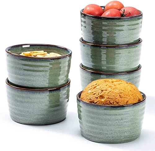 Henten Home Ceramic 8 oz Ramekins Set, Porcelain Souffle Ramekins Set of 6, Creme Brulee Ramekins for Baking, Ice Cream, Pudding, Oven & Microwave Safe Small Bowls, Stackable (Green)