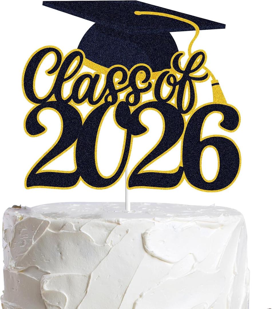 LINGBOOM Class of 2026 Graduation Cake Topper Black Glitter Congrats Grad Cake Decorations Happy Graduation Congratulations Grad 2026 Party Supplies (Black)