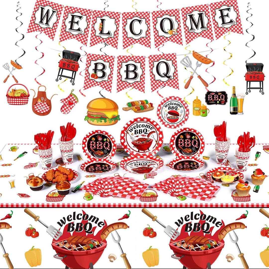 Capoda 139 Pcs Summer BBQ Party Supplies Picnic Barbecue Decorations BBQ Baby Shower Hanging Swirls Banner Tablecloths Plates Napkins Cups Forks Spoons Knife for Birthday Baby Shower Party