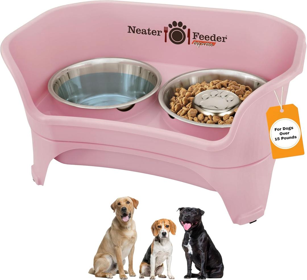 Neater Feeder - Express Model w/Slow Feed Bowl - Mess-Proof Dog Bowls (M/L, Pink) Made in USA Elevated, No Spill, Non-Tip, Non-Slip, Raised Stainless Steel Food/Water Pet Bowls Aid Digestion