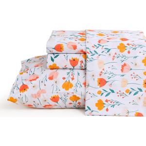 JSD Tulip Floral Sheet Set Queen Size, 4 Piece Spring Printed Microfiber Bed Sheets Deep Pocket