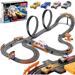 SUFICY Slot Car Race Track Set for Kids – 29ft Electric Race Car Track with 4 Slot Cars, Dual Racing Tracks, Lap Counter & LED Overpass, Car Track Toy Gift for Boys Ages 6–12
