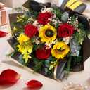 Magic Ants Preserved Flower Bouquet Red Roses Sunflowers Forever - Pop Up Card for Mom Wife Daughter - Mothers Day Birthday Anniversary Valentine Gift - No Water No Wilt Wrapped Ready