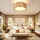 17.7" Rattan Flush Mount Ceiling Light, 3-Light Boho Close to Ceiling Light Fixtures, Rattan Bedroom Ceiling Light, Farmhouse Large Drum Chandelier for Dining Room, Kitchen, Hallway(Yellow)