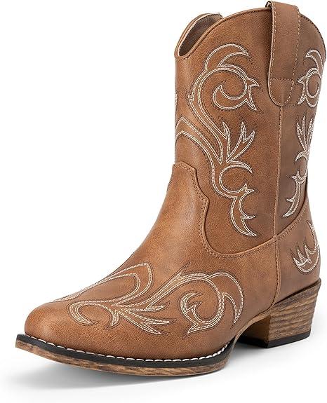 DREAM PAIRS Women's Cowboy Cowgirl Western Boots Embroidered Stitched Ankle Boots Square Toe Chunky Heel Fashion Short Booties with Zipper 8.5