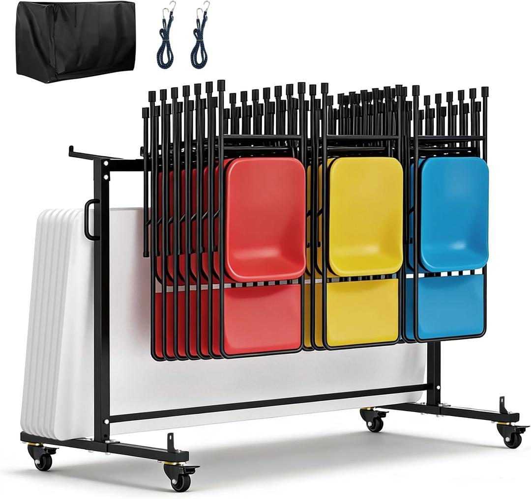 Folding Chair Rack, Folding Chair Storage Cart for 42 Chairs or 12 Tables with Locking Rubber Wheels, 400 LBS Capacity for Weddings & Events, Includes Dust Cover & Elastic Cords, 71"L x 33"W x 40"H