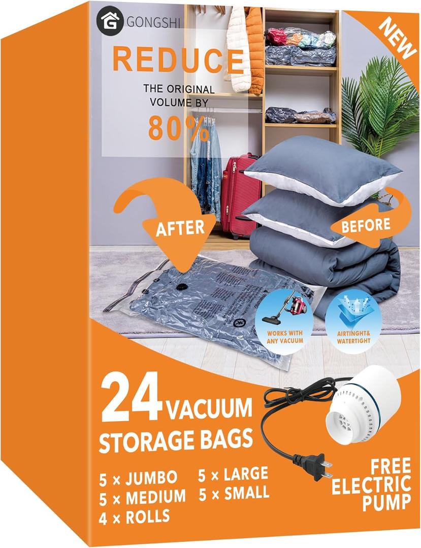 24 Pack Vacuum Storage Bags with Electric Pump, (5 Jumbo, 5 Large, 5 Medium, 5 Small, 4 Roll Up Bags) Space Saver Bag for Clothes, Mattress, Blanket, Duvets, Pillows, Comforters, Travel