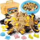 Play Construction Sand Kit,2.2lbs Magic Sand,8 Alloy Construction Vehicles,1 Inflatable Sandbox,8 Worker Figures and Road Signs,6 Castle Molds,1 Storage Box, Sensory Toys for Kids Ages 3+