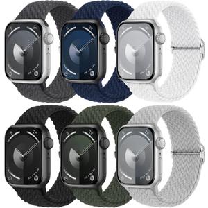6 Pack Braided Stretchy Bands Compatible with Apple Watch Band 38mm 40mm 41mm 42mm 44mm 45mm 46mm 49mm Women Men, Adjustable Nylon Solo Loop Elastic Straps for iWatch Series 10 9 8 7 6 5 4 3 SE Ultra (44mm/45mm/46mm/49mm/42mm(Series 3 2 1), Olive Green/Deep Gray/White/Navy Blue/Titan Gray/Black)