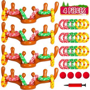 MGparty Christmas Inflatable Reindeer Antler Toss Games Xmas Ring Toss Game for Kids Teens Adults Indoor Outdoor Family Holiday Party Gifts (Brown-4 Pack)