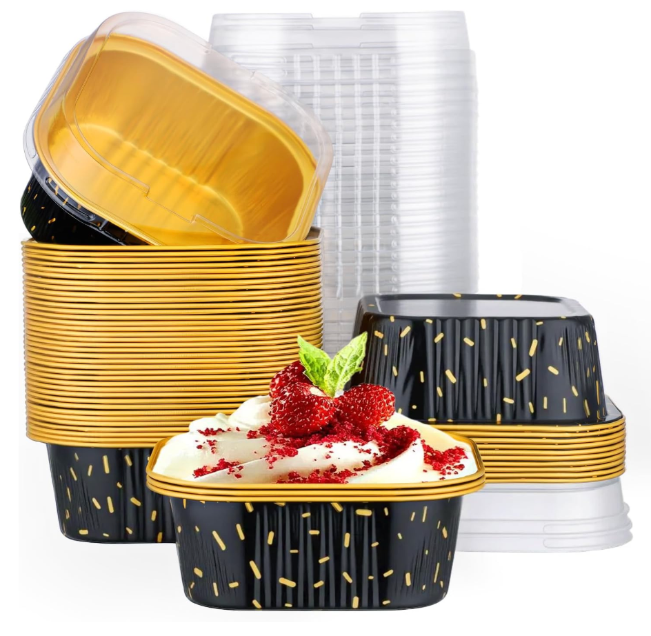 EUSOAR Cake Pans with Lids, 50pcs 10oz/300ml Square Cupcake Liners Disposable Ramekins, Aluminum Foil Containers Muffin Cups for Baking Mini Cake Loaf Bread Holders for Birthday Wedding Party Favor