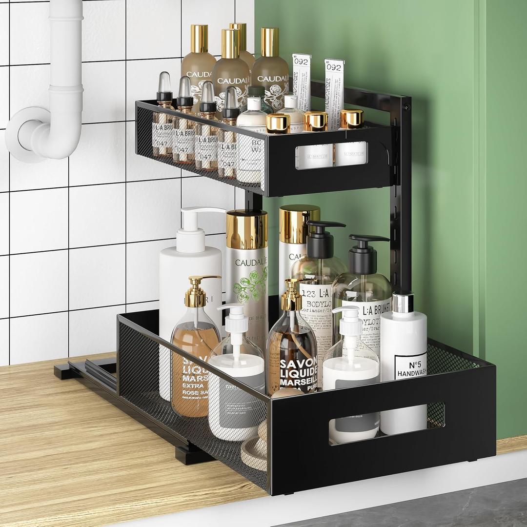 Metal Under Sink Organizers and Storage, Adjustable Under Cabinet Organizer Shelf Heavy Duty, Multi-Purpose Smoothly Pull-Out Storage Organizer for Bathroom, Kitchen, Pantry, Vanity, Study (XL, Black)