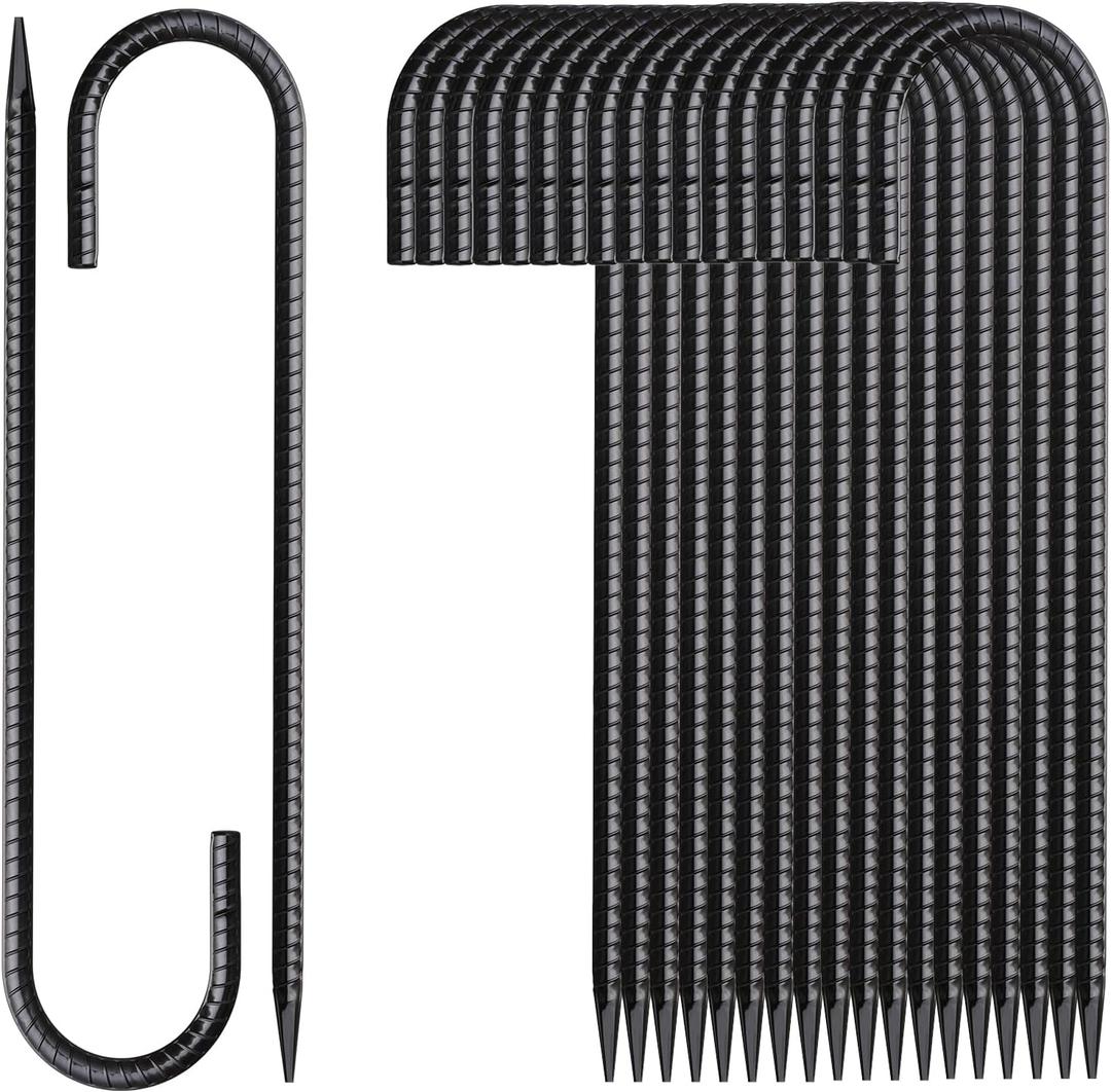 Rebar Stakes 16 Inch 20 Pack J Hook Ground Stakes Heavy Duty Tent Stakes Chain Link Fence Stakes with Chisel Point End Galvanized Steel Ground Anchors Metal Spikes Black Coated (J-16"x3/8"-20pcs)