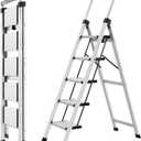 XinSunho 5 Step Ladder, Retractable Handgrip Folding Step Stool with Anti-Slip Wide Pedal, Aluminum Stool Ladders 5 Steps, 330lbs Safety Household Ladder (Silver)