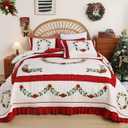 EVENHUG Queen Size Quilt Christmas Theme Bedding Sets with Pillow Shams Reversible Bedspread Coverlet Lightweight Christmas Festival Bed Cover for Bedroom Home Decoration (92"x96") (Dark Red White)