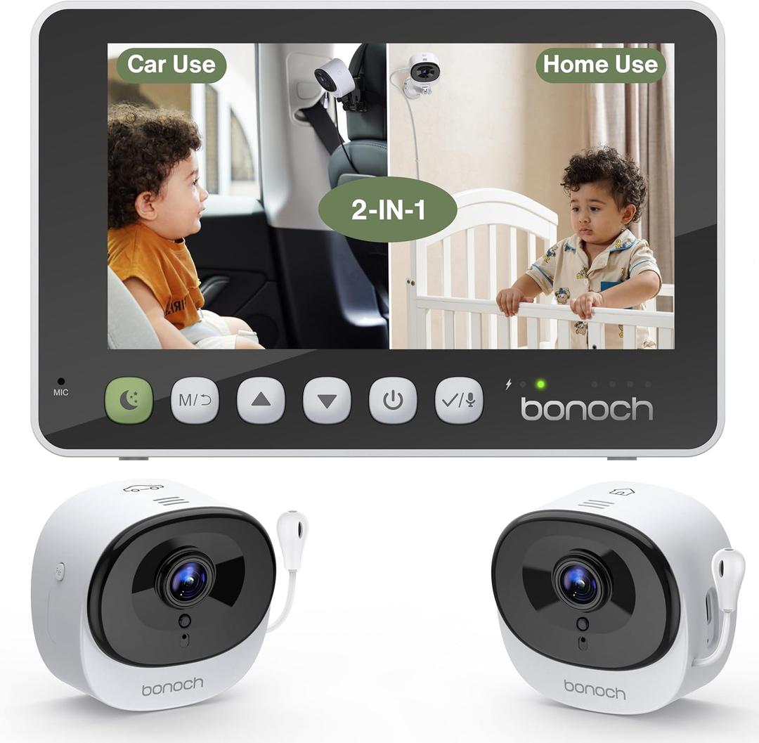bonoch 2-in-1 Car Home Dual-Use Baby Monitor, 5" HD Clear View Wireless Monitor, 2 USB Powered Cameras for Baby, Seamless Transition Between Car & Home, 360 Rotatable, Night Vision, Easy to Install