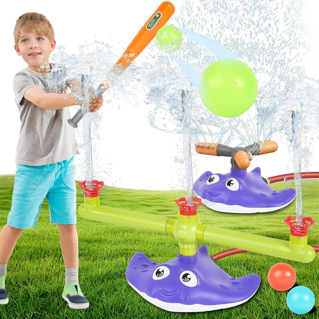 2-in-1 Water Sprinkler Baseball Toy Set for Kids, Summer Outdoor Water Game with 2 Sprinkler Heads, 360 Rotating Sprinkler for Backyard Summer Fun