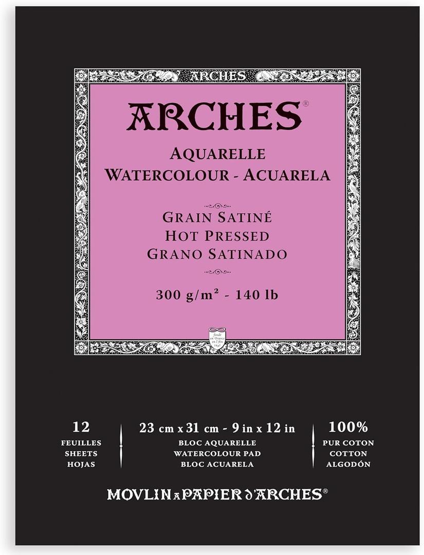Arches Aquarelle Watercolor Pad, Hot Pressed, 140lb/300gsm, 12 Sheet, 9x12 inch, Arches Watercolor Paper 100% Cotton