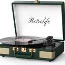 Record Player 3 Speed Bluetooth Portable Suitcase Vinyl Player with Built-in Speakers Turntable Enhanced Audio Sound PU Leather Vintage (Dark Green)
