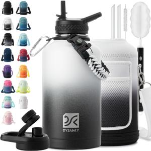 Insulated Water Bottle | Thickened Stainless Steel Vacuum Metal | Portable Sports Half Gallon Large Water Jug for Gym and Hiking with Straw, Carrier Bag, Handle Strap | BPA-Free 64 oz (White/Black)