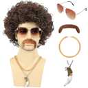 6pcs Set 70s 80s Disco wig with Mustache Sunglasses Necklace Golden Chain Short Curly Synthetic Hair Afro Mens Wig for 60s Rocker Hippies Costume Cosplay Halloween Party (Dark Brown)