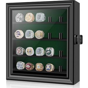 Championship Ring Display Case, Lockable Baseball Ring Holder with 20 Posts, Wooden Shadow Box Wall Mount for Multiple Rings