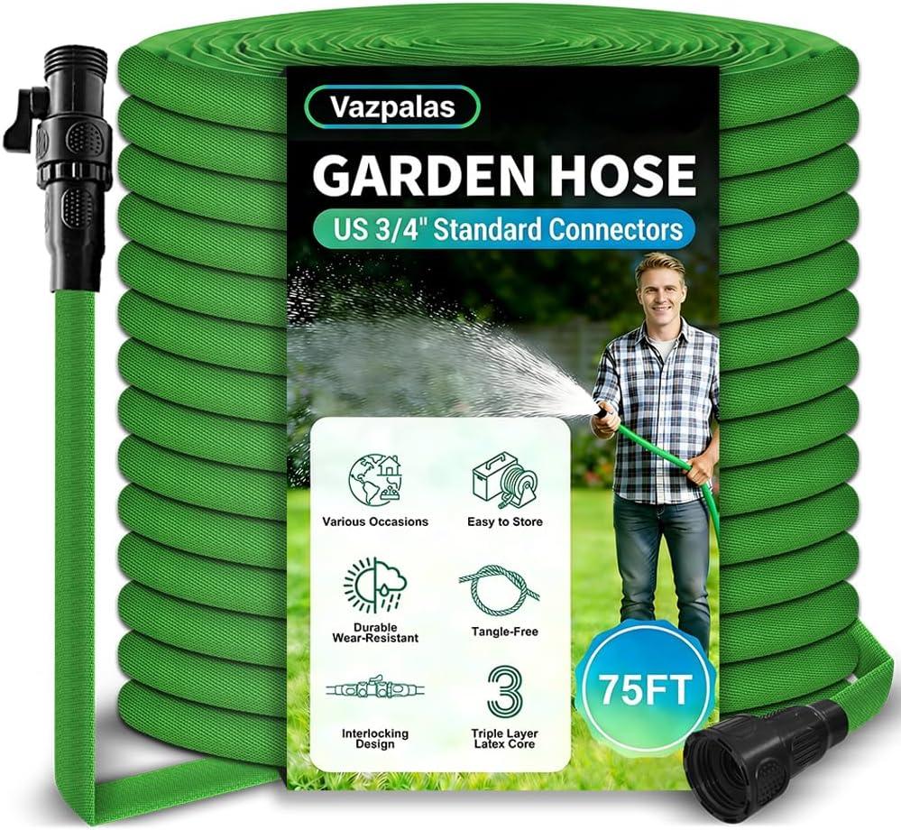 Garden Hose 75ft, Pliable lightweight Water Hose with Triple Layer 3/4" Fittings Ergonomic Grip Indoor & Outdoor Use Gift for Lawn Backyard Collapsible & Car Wash Watering Plants Green