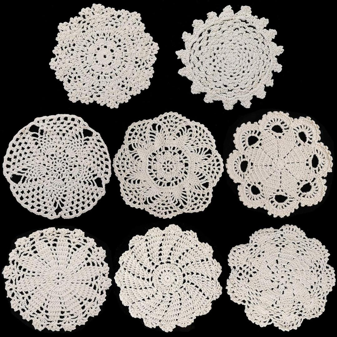 Chuangdi 8 Pcs 6 to 8 Inches Handmade Crochet Doilies White Lace Doilies for Tables Vintage Round Cotton Placemats Coasters Rustic Lace Doily for Kitchen Dining Dressers Vase Crafts Decoration(Beige)
