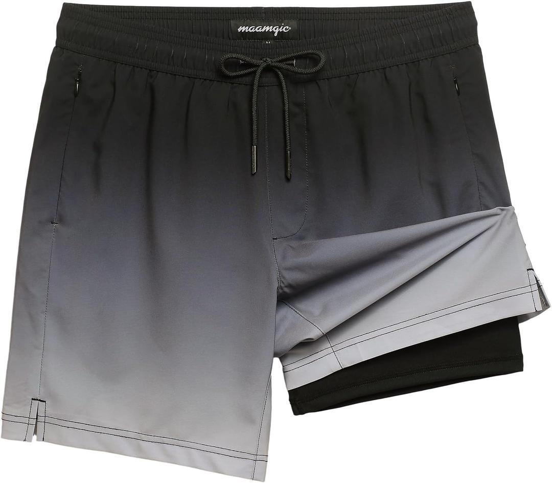 maamgic 2 in 1 Mens Swim Trunks 7 Inch Swim Shorts Swim Suits Board Shorts (Large, Gray Gradient-black)