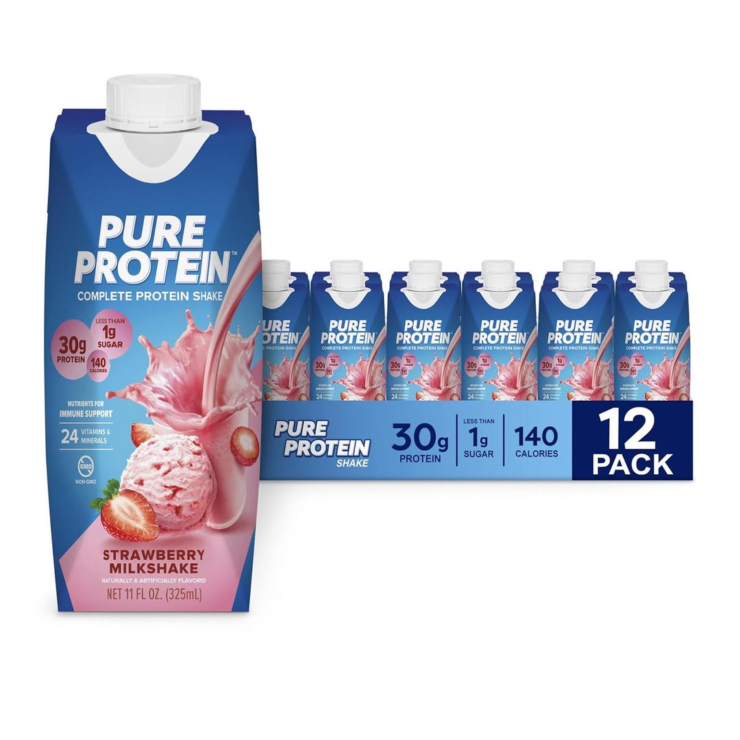 Pure Protein Strawberry Protein Shake, 30g Complete Protein, Ready to Drink and Keto-Friendly, Vitamins A, C, D, and E plus Zinc to Support Immune Health, 11oz Bottles, 12 Pack (EXP 12/31/26)