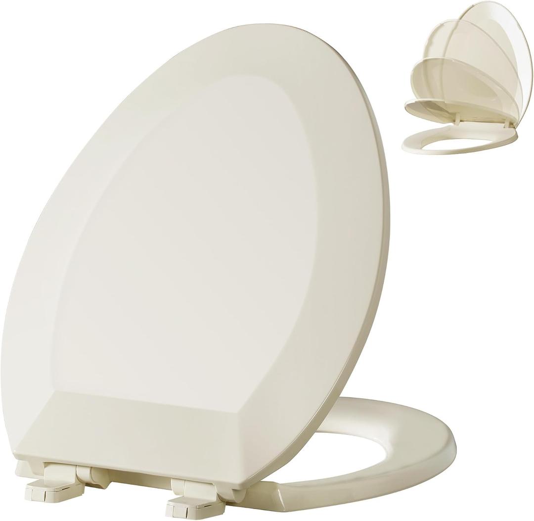 Angol Shiold PP Slow Close Toilet Seat (Elongated, Almond) | Elongated toilet seat with ergonomic design, grip-tight anti-slip bumpers and easy-clean safe PP material
