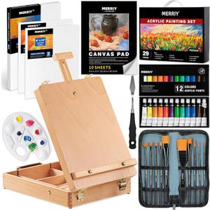 MERRIY Artist Acrylic Paint Set, Painting Supplies Kit with Tabletop Sketch Box Easel, 12 Colors Acrylic Paints,10"x 12" Stretched Canvas,Premium Acrylic Painting Set for Artist Adults, Beginners