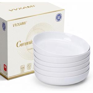 Pasta Bowls Set of 6, 8.8" 37oz Salad Serving Bowls | White Ceramic Soup Bowls Wide and Shallow Plate Bowls Set,Microwave and Dishwasher Safe,Gift Packaging