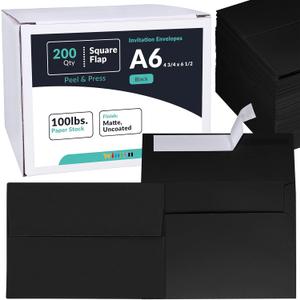 200 Pcs Bulk A6 Invitation Envelopes in Black Peel & Seal Self-Seal 4 3/4 x 6 1/2 Square Flap Envelopes 100lb.for Wedding Shower Graduation Invitation Announcement Mailing 4 x 6 Photo Greeting Cards