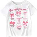 BEAUDRM Girl's Bow Shirt Cute Graphic Tees Letter Print Short Sleeve Crew Neck Summer T Shirt 11Y