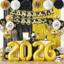 Graduation Decorations 2026, Black Gold Graduation Balloons, Gold Number Balloons, Black Congrats Grad Banner, Paper Flowers & Curtains, Graduation Party Supplies for Grad Party Decor Class of 2026
