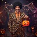 2 Pcs Pumpkin Man Halloween Costume Dress Up Included Black Wig and Orange Pumpkin Tie TV Character Cosplay Dress Up for Adults Halloween Cosplay Party Supplies